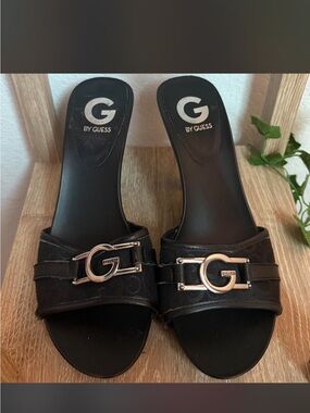 G by Guess Black Slide Mules with Silver G Hardware